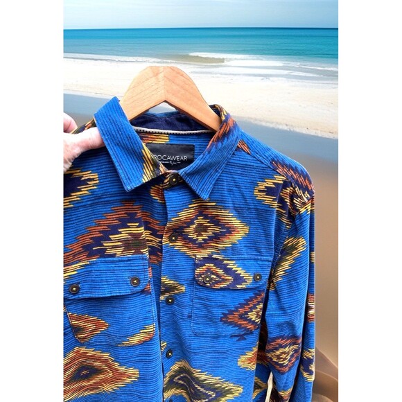 Rocawear Blue Flannel Aztec Print Shirt LS Pockets 100% Cotton Men's Size Medium - Picture 1 of 12